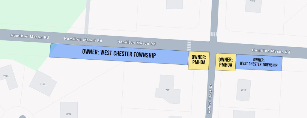 Right-of-Way & Easement Ownership along Hamilton Mason Road near Walnut Creek Drive.