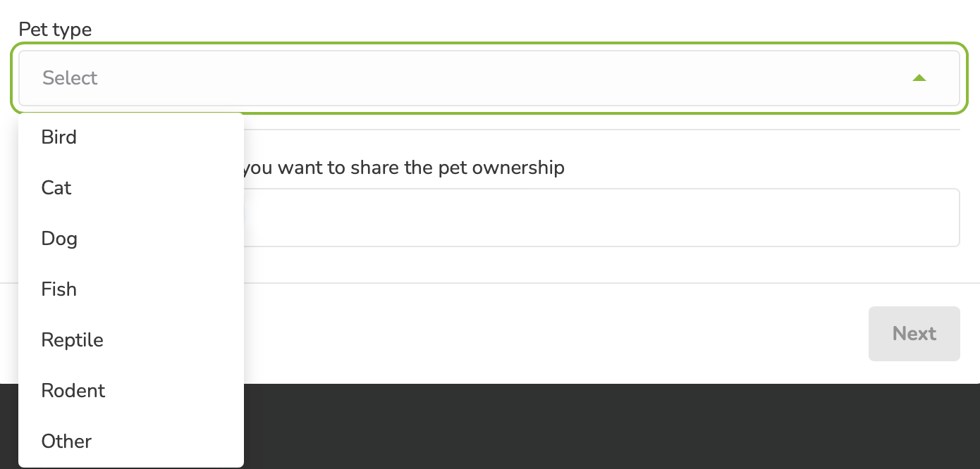 Select the Pet type from the dropdown menu