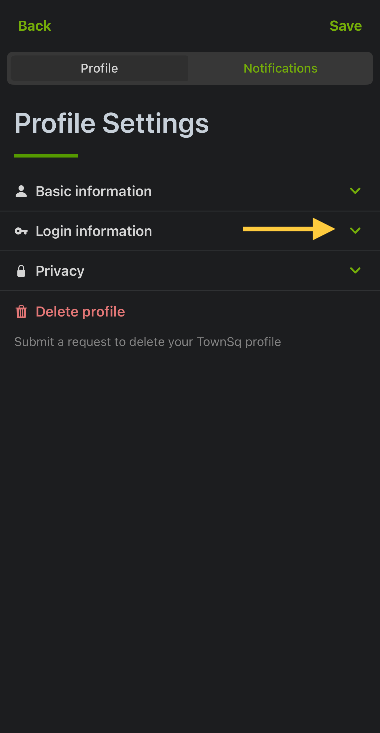 TownSq Profile Settings Login Information