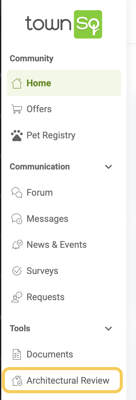 TownSq browser Architectural Review menu